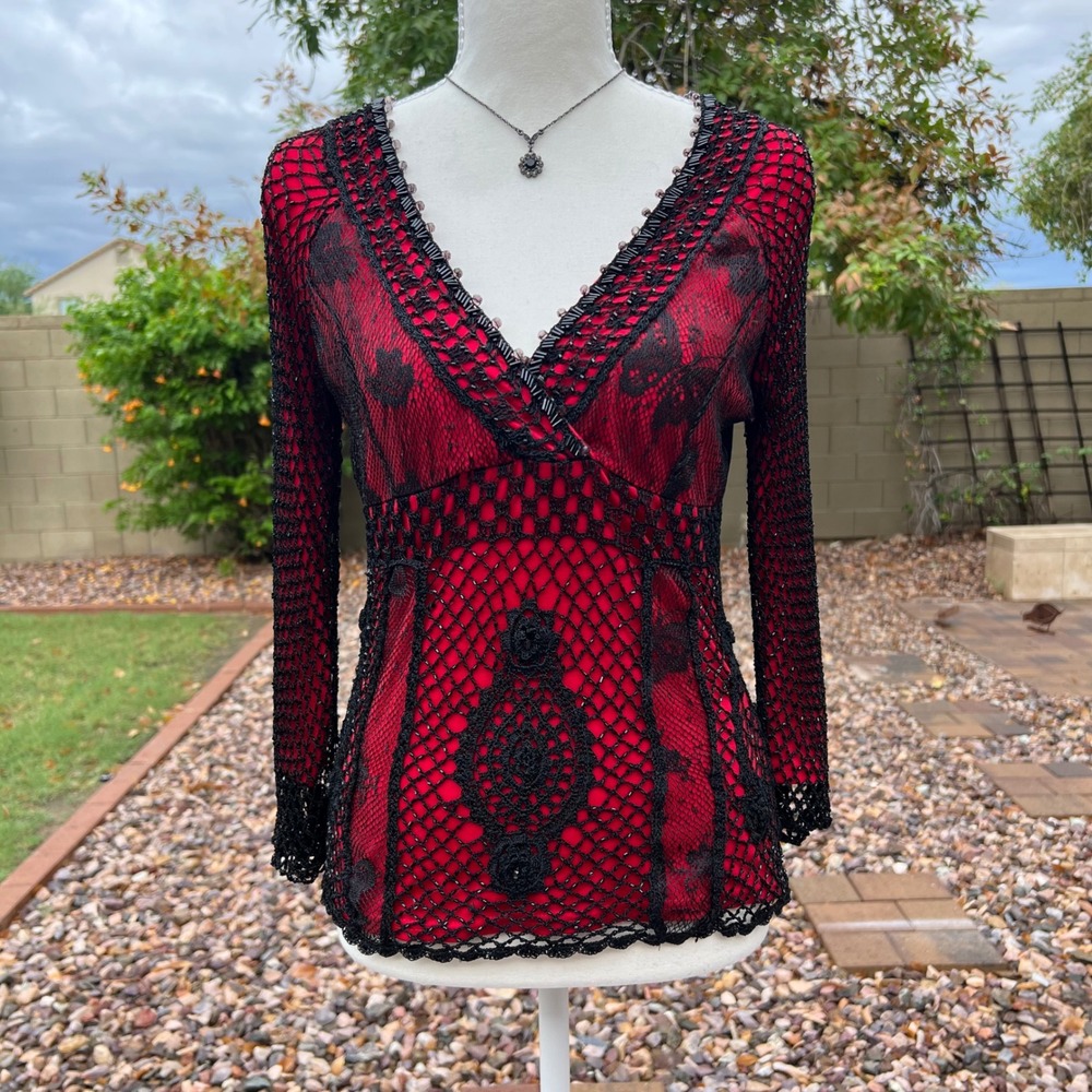 vintage whimsygoth crochet beaded 3/4 sleeve top